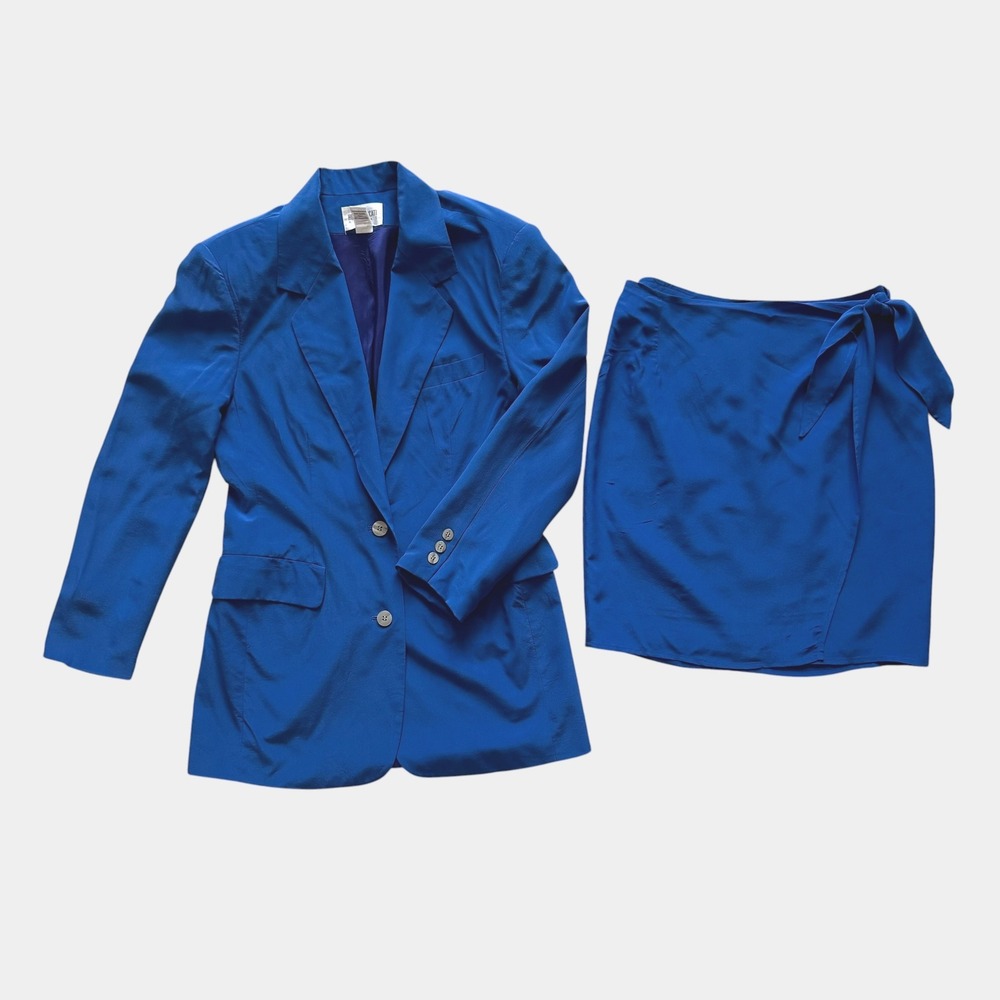 Hugo Buscati Milano Vintage Royal Blue 100% Silk Blazer Wrap Skirt Suit Set 2 4